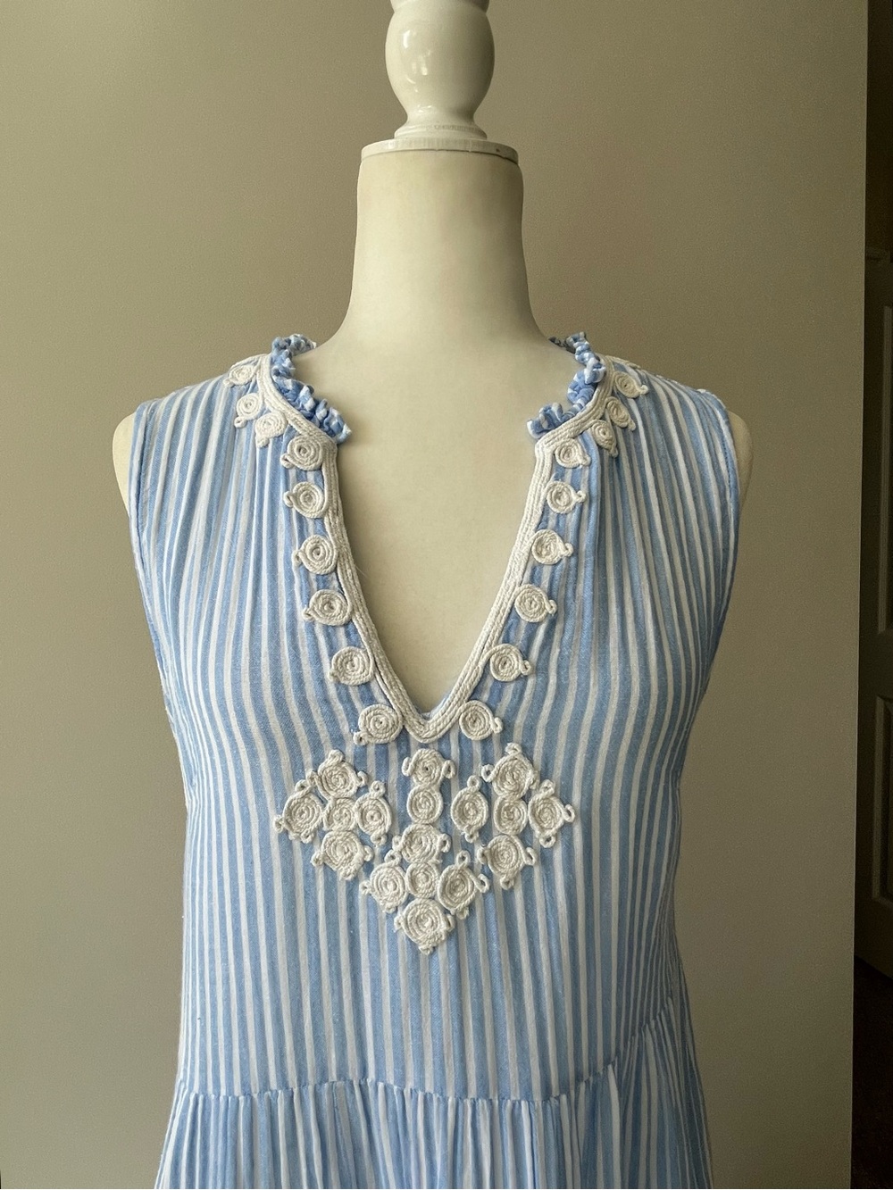calme by Johnny Was Blue and White Tiered Dress with Cream Embroidery